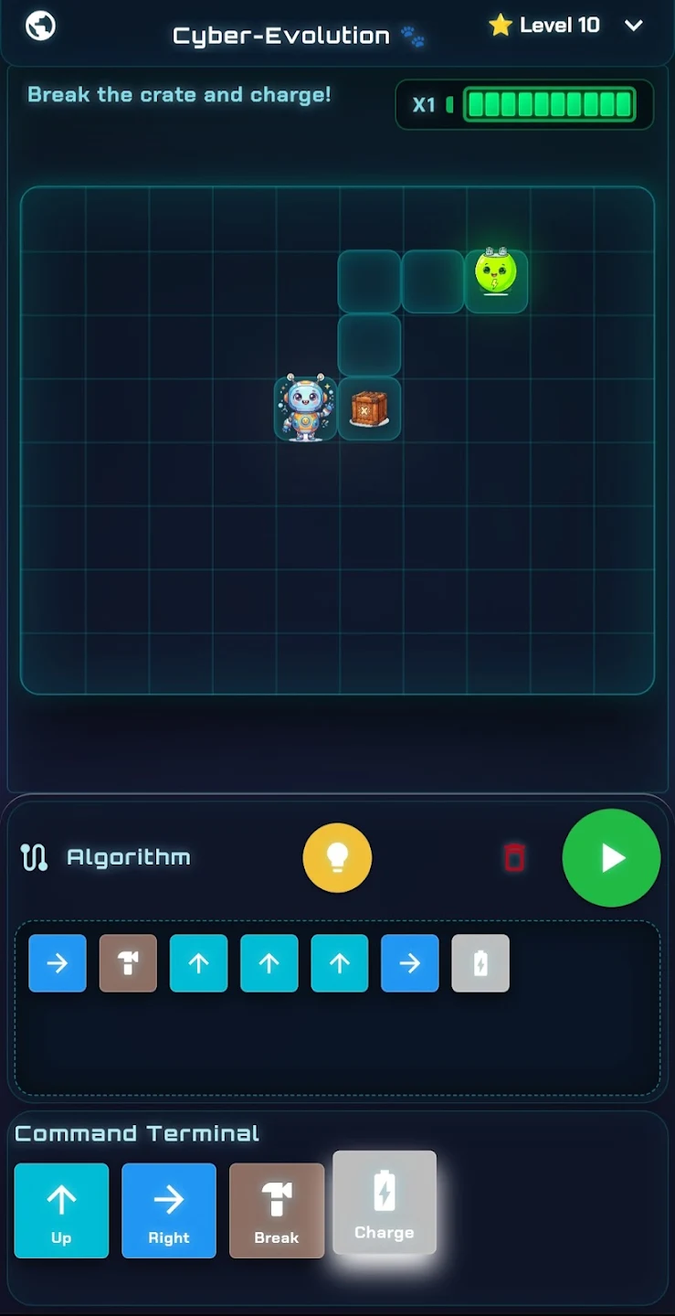 Cyber-Evolution: Robot facing a crate with a sequence of movement commands