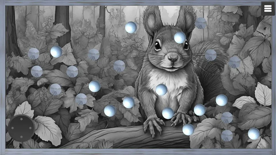 Gravity Billiards: animals: Blue balls over a grayscale squirrel illustration in the forest