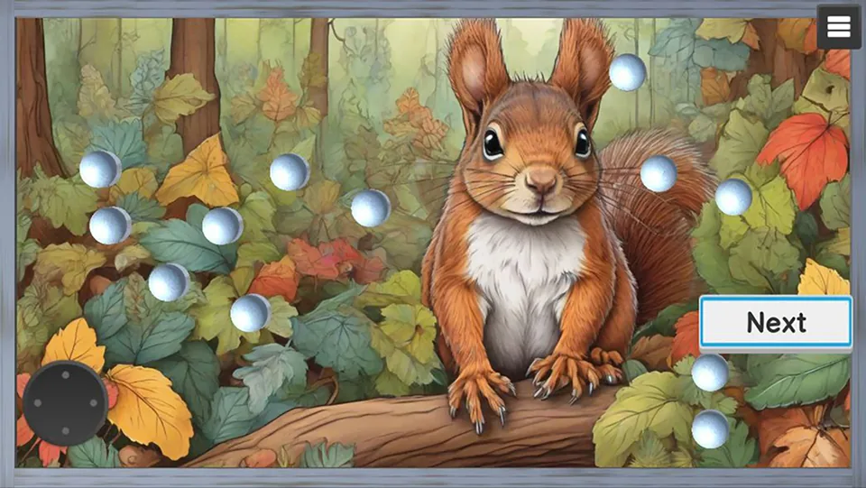 Gravity Billiards: animals: Colorful squirrel illustration revealed, with balls and a Next button