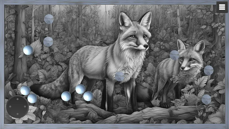 Gravity Billiards: animals: Blue balls over a grayscale fox family illustration