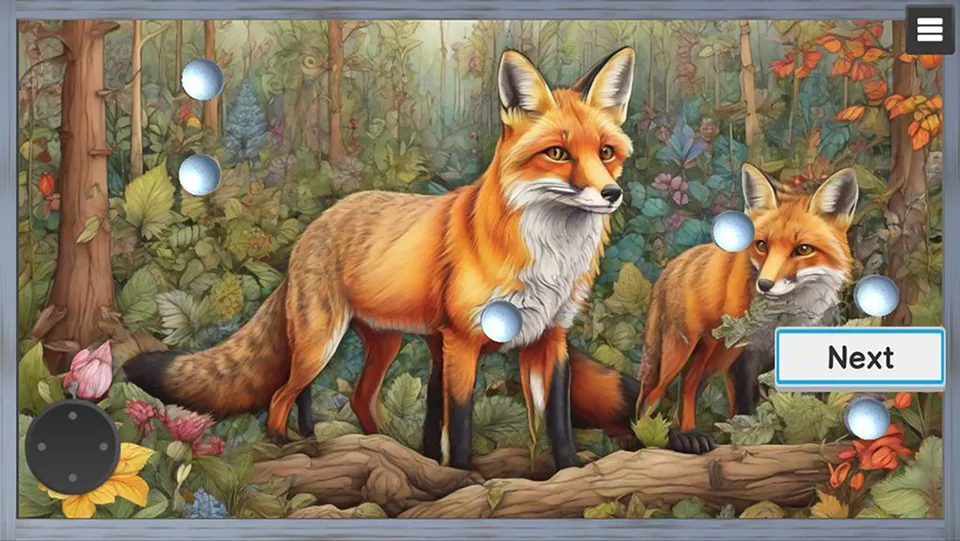 Gravity Billiards: animals: Revealed fox illustration with scattered balls and a circular control
