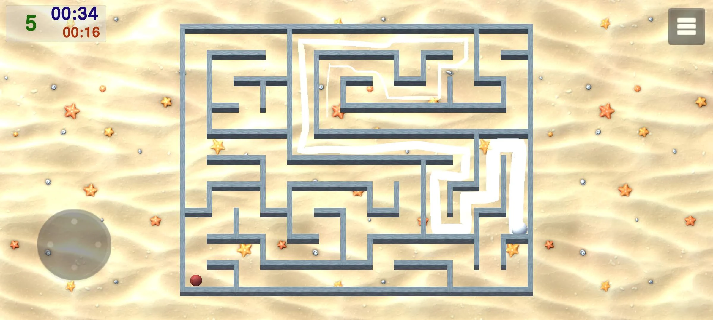Gravity Maze: sand: Większy labirynt na piasku z przyciskiem przejścia dalej