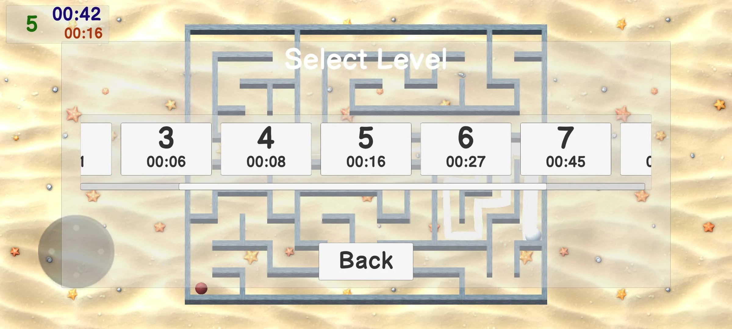 Gravity Maze: sand: Wybór poziomu z numerami etapów i najlepszymi czasami