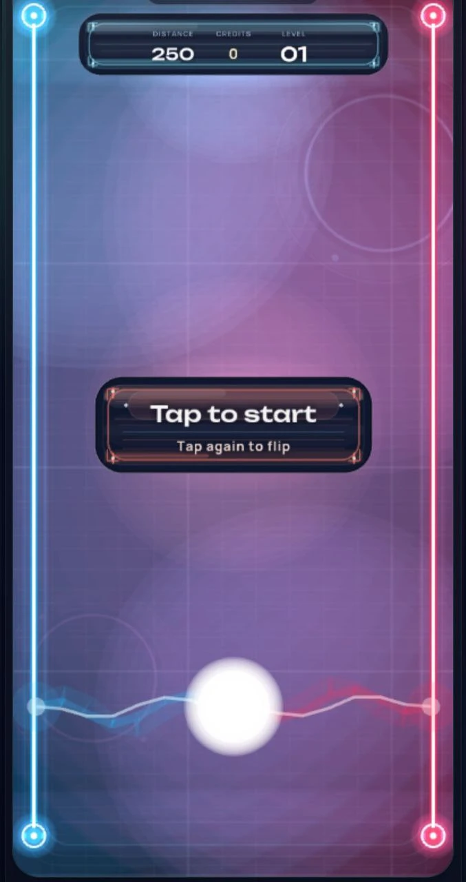 Polarity Pulse: Magnetic Drift: Tap to start prompt above a glowing energy sphere between blue and pink charged walls