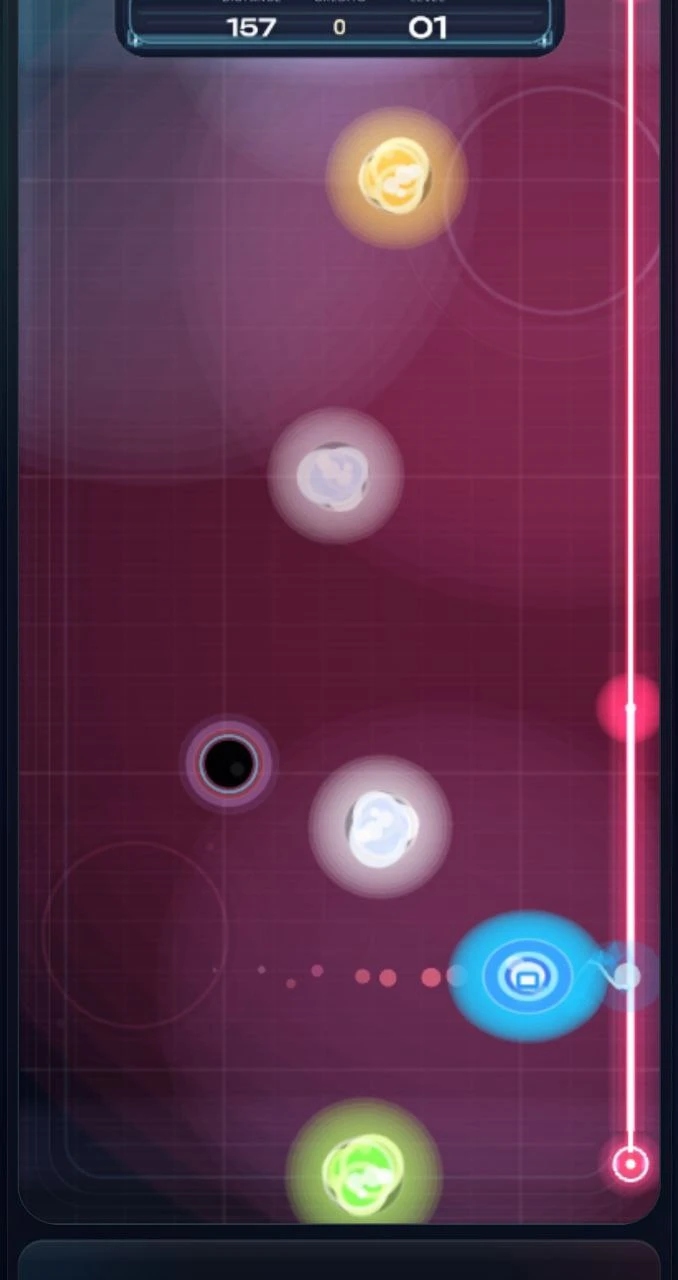 Polarity Pulse: Magnetic Drift: Blue-charged sphere at the red wall with space dust and a black hole ahead