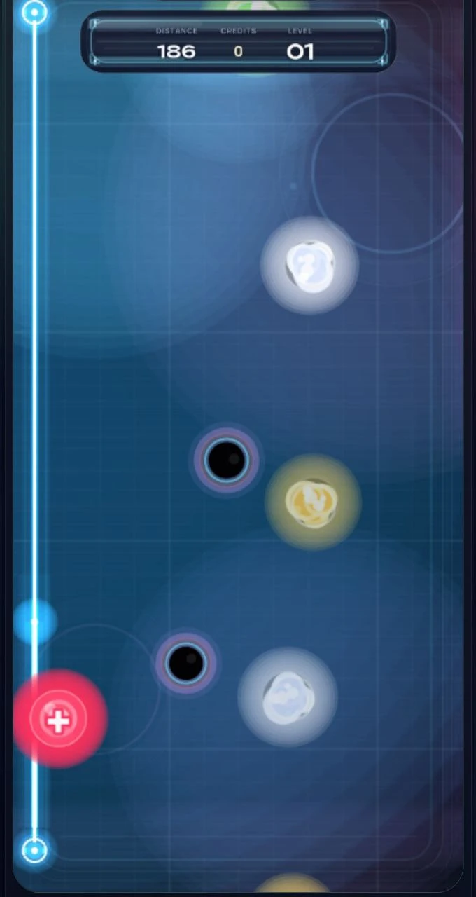 Polarity Pulse: Magnetic Drift: Red-charged sphere at the blue wall among black holes and glowing dust