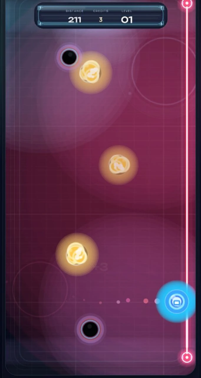 Polarity Pulse: Magnetic Drift: Sphere drifting along the red wall past golden dust and two black holes