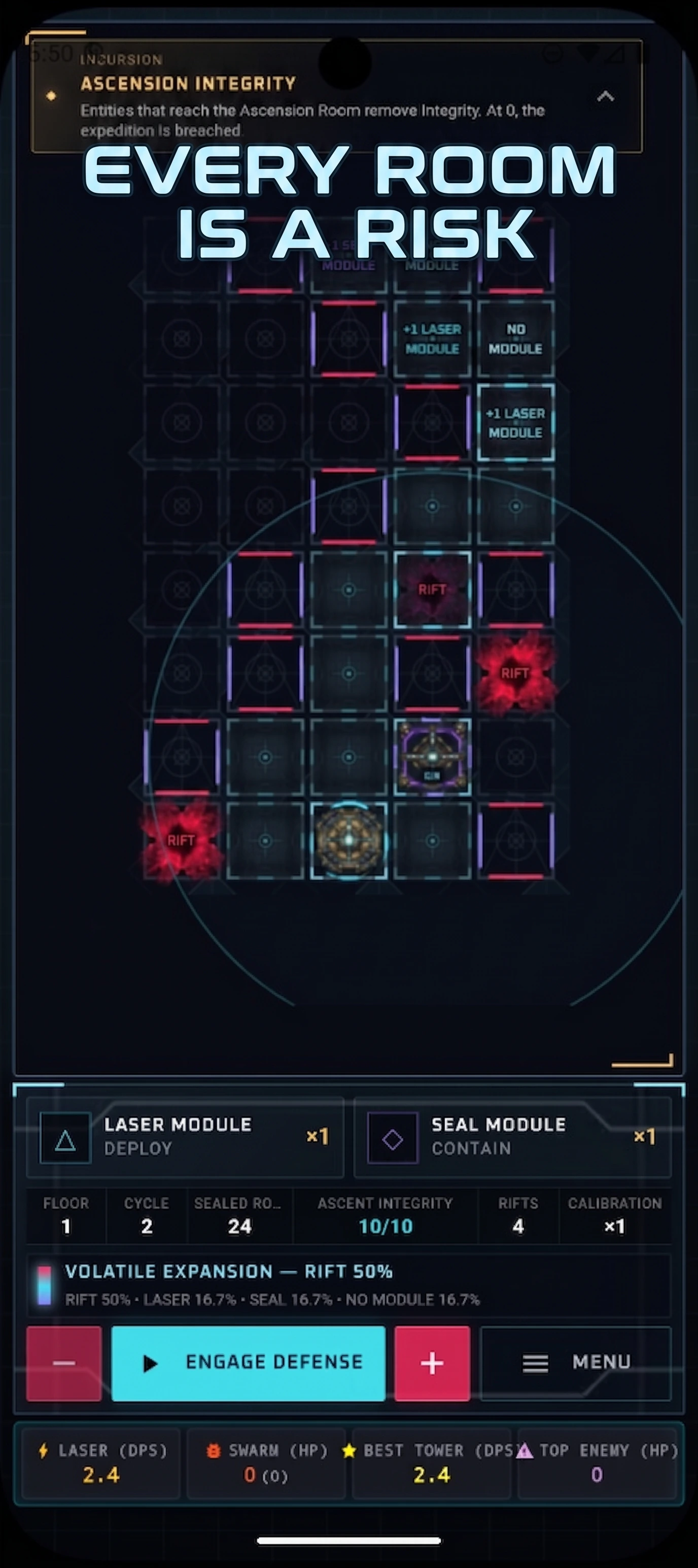 Pyramid Defense: Laser TD: Dark room grid with sealed modules and an Engage Defense button
