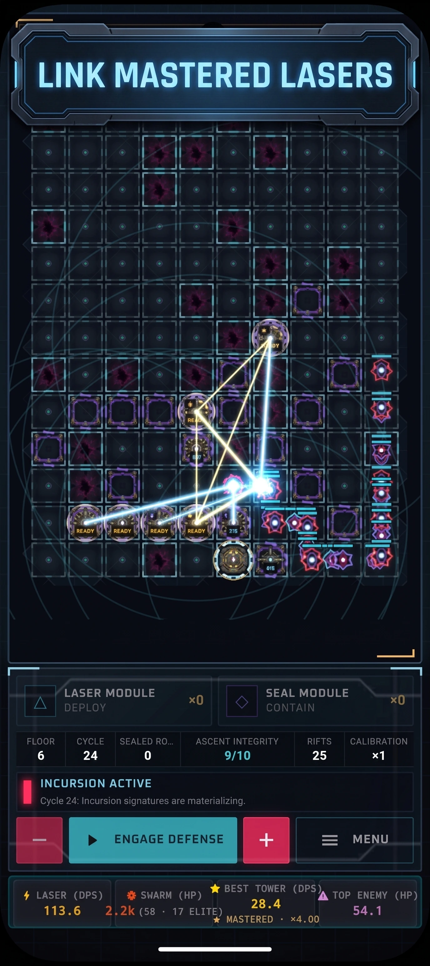 Pyramid Defense: Laser TD: Connected laser modules forming beams across the room grid