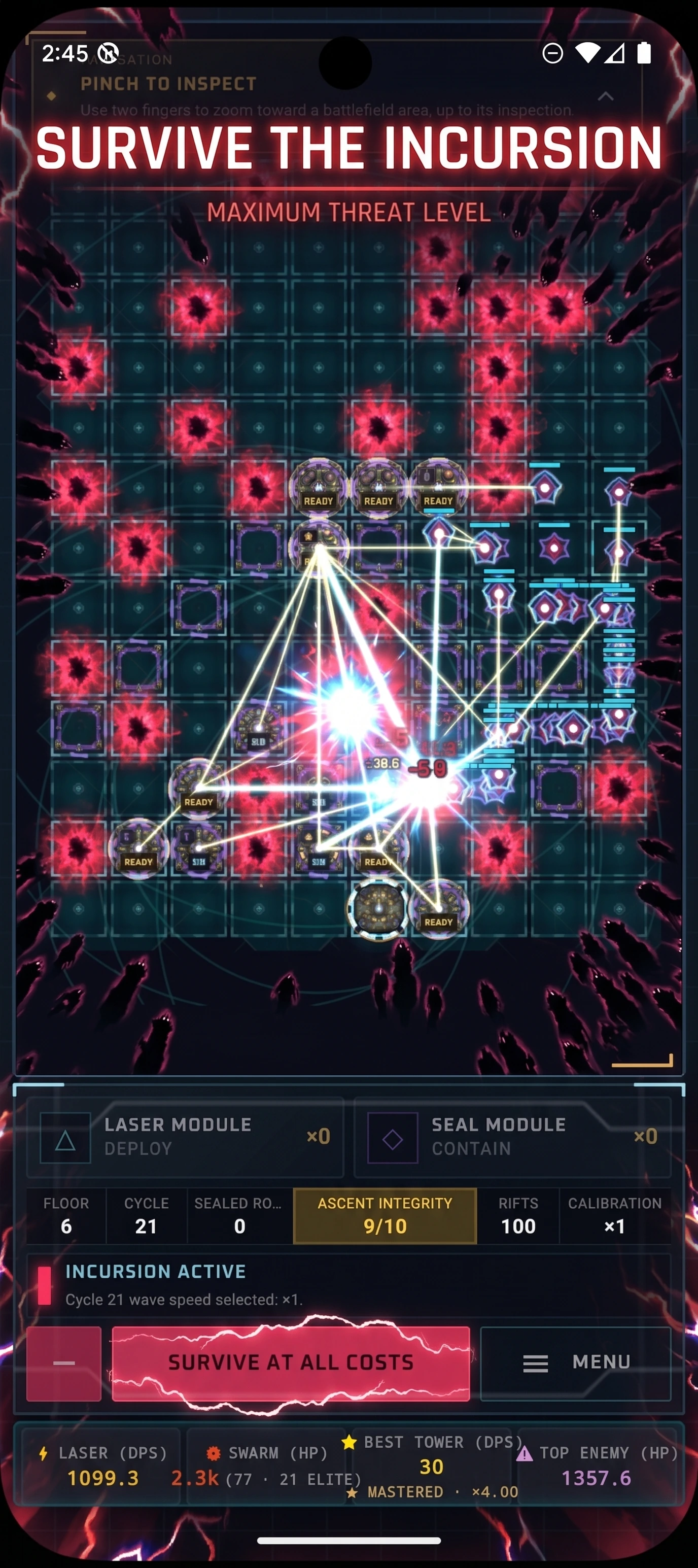 Pyramid Defense: Laser TD: Active incursion with red threats surrounding a bright laser network