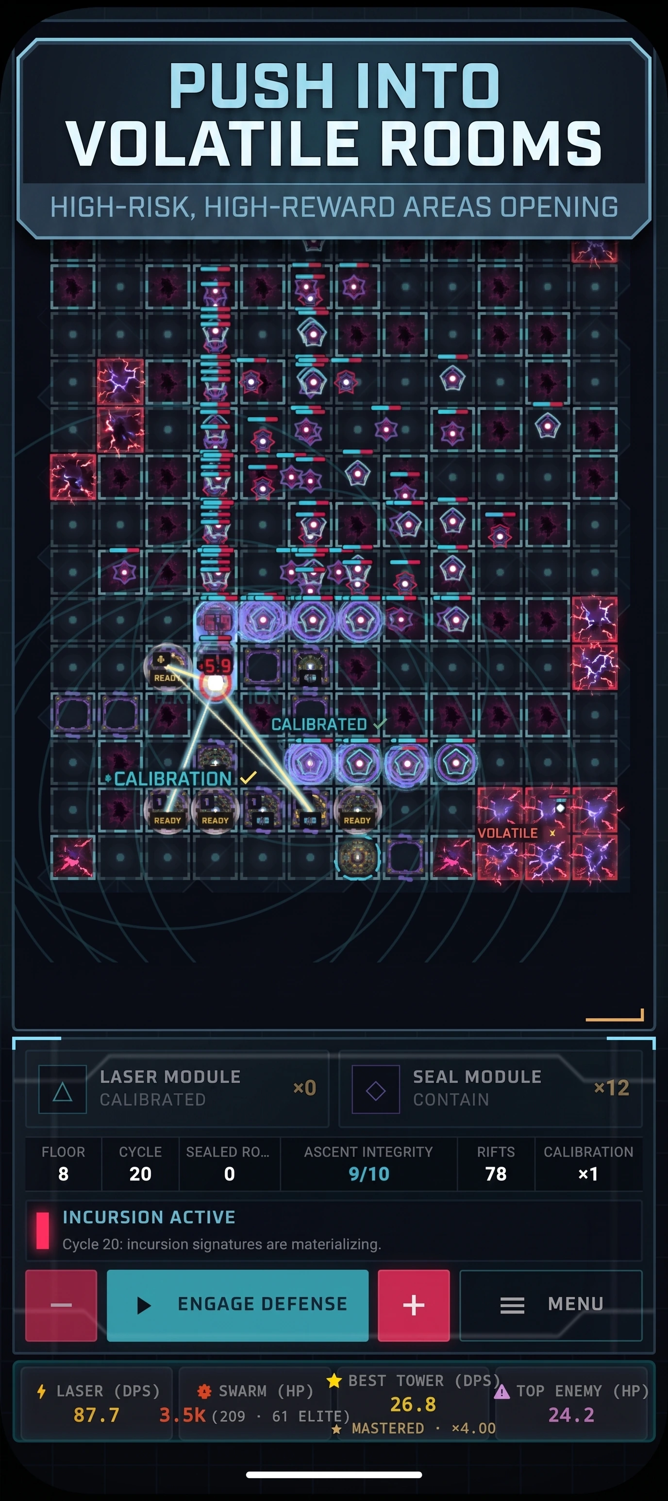 Pyramid Defense: Laser TD: Dense room grid with red hazards and branching laser connections