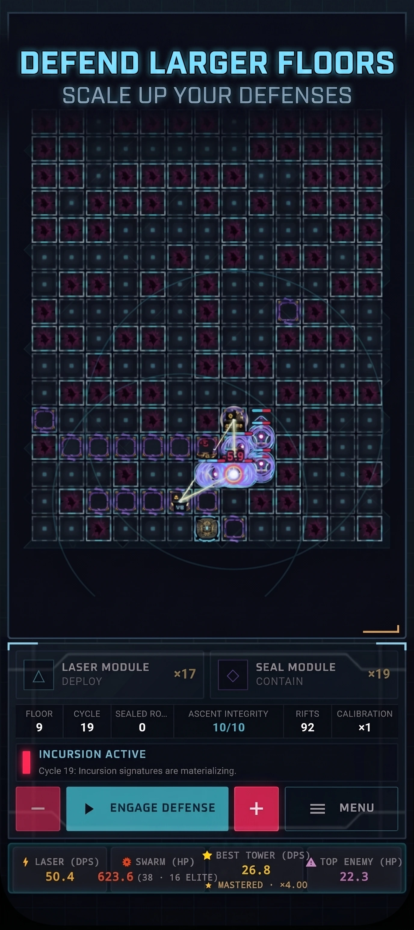 Pyramid Defense: Laser TD: Expanded floor grid with a compact laser network at its center