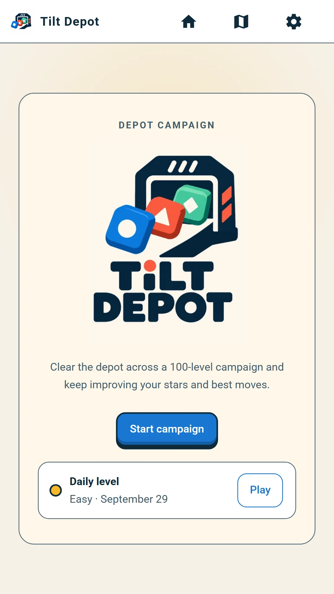 Tilt Depot: Головний екран із кнопкою початку кампанії та рівнем дня